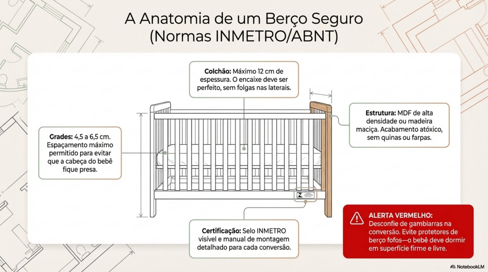 Anatomia de um berço seguro segundo normas INMETRO e ABNT — espaçamento de grades, colchão e certificação