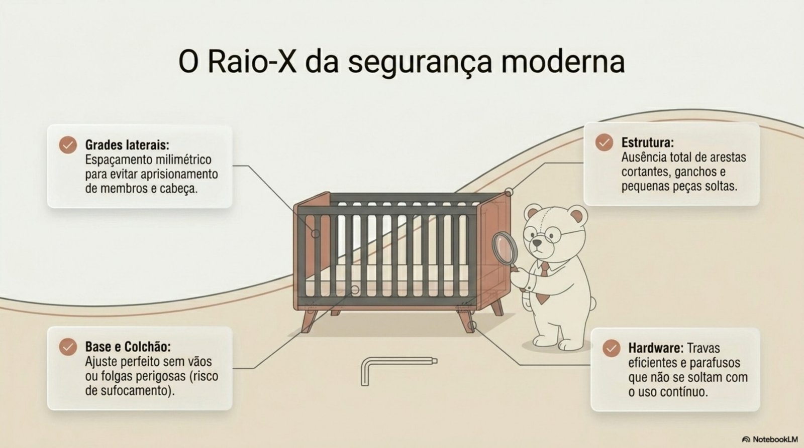 Raio-X da segurança moderna do berço: grades, estrutura, colchão e hardware