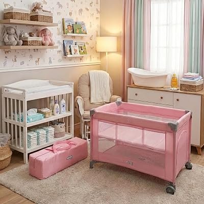 Berço Portátil Infantil Multifuncional Cercado com Mosquiteiro Rosa