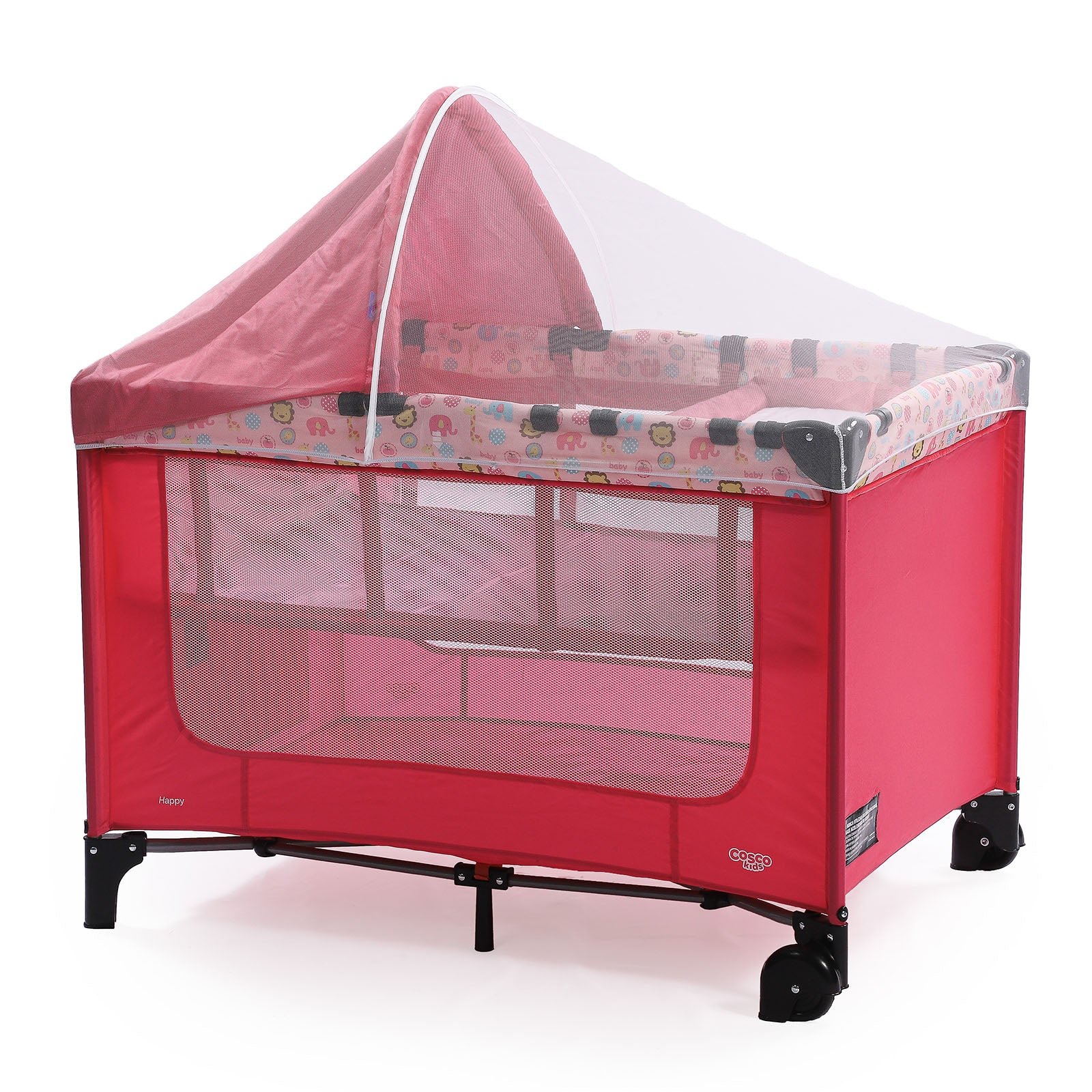 Berço portátil Cosco Kids Happy rosa com trocador montado em cima e mosquiteiro aberto