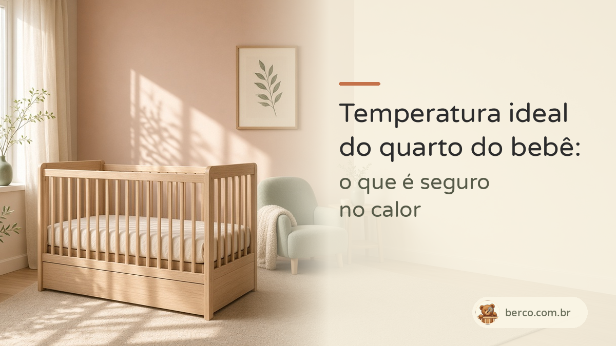 Quarto de bebê com berço vazio iluminado pelo sol e o título temperatura ideal do quarto do bebê