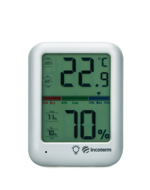 Termo-higrômetro digital Incoterm TH60 mostrando temperatura e umidade do ambiente