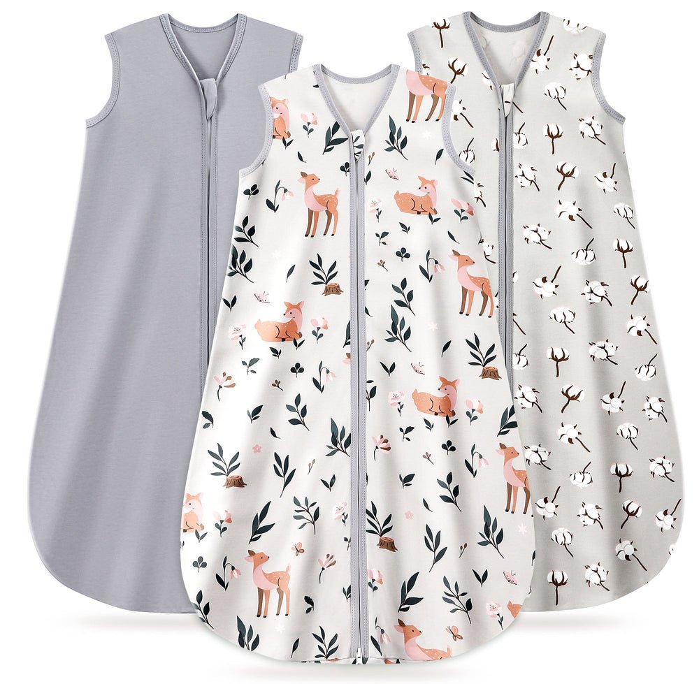 Kit com 3 sacos de dormir vestíveis TURMEWU de algodão, sem mangas, nas cores cinza, estampa de cervos e estampa de algodão